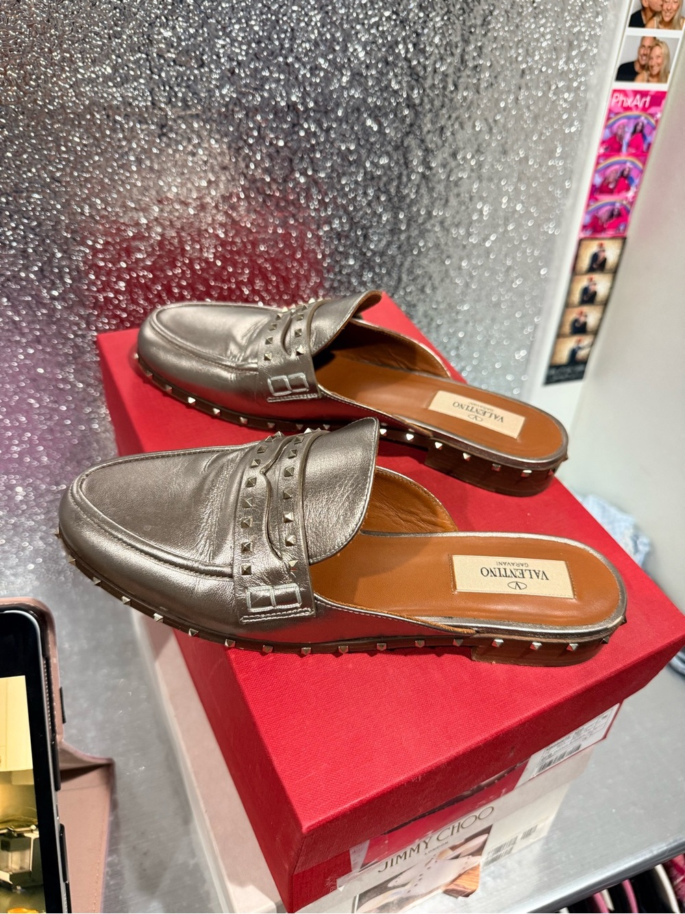 Valentino Garavani Metallic Pewter Leather Studded Mule